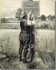Man posting sign by field with dog